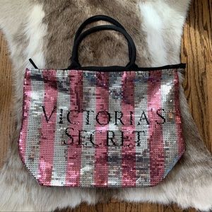 Victoria's Secret Limited Edition Pink White Striped Sequin
Large Tote Bag